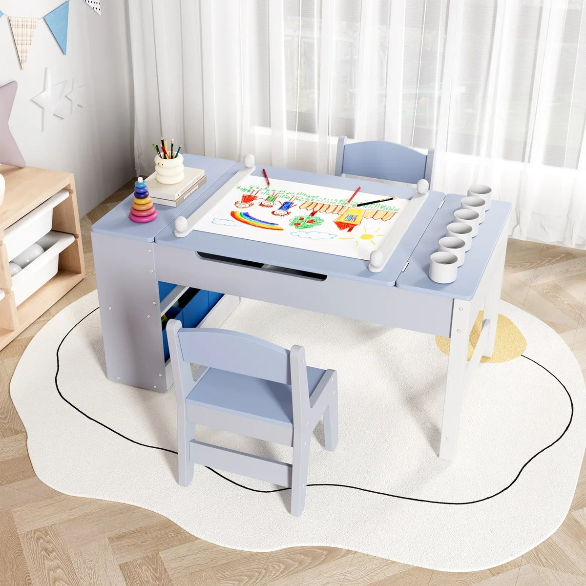 2026 NewLAZY BUDDY Kids Art Table and 2 Chairs Set, 2 in 1 Easel & Toddler Craft Table and Chairs Set with Storage Bins, Paint Cups and Paper Roll, Activity Table Set for Children 3+