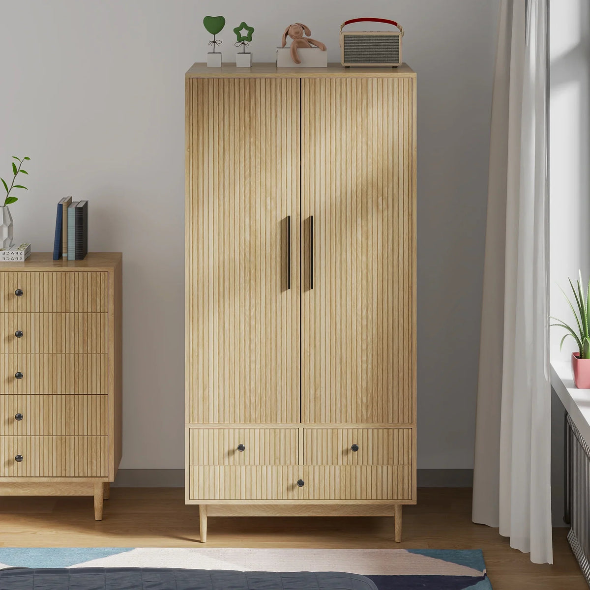 2026 NewOubayajia Wardrobe Armoire Closet, 2 Fluted Doors Wardrobe Cabinet with 3-Drawer and Hanging Rod, Wood Wardrobe Storage for Bedroom