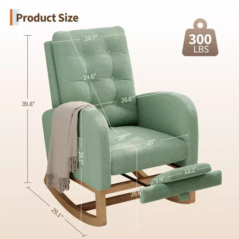 2026 Sillón mecedora deslizante tapizado con bolsillo lateral, estructura de madera, 1 plaza