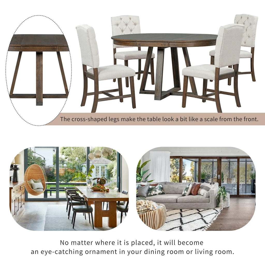 2026 New5 Piece Round Dining Table Set, Dining Room Set with Extendable Table and 4 Upholstered Chairs, Wood Dining Table Set for 4, Farmhouse Dining Table Set for Kitchen Dining Room Dorm Apartment, Brown