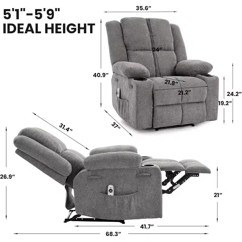 2026 Sillón reclinable manual con masaje por vibración y calefacción lumbar, bolsillo lateral y portavasos