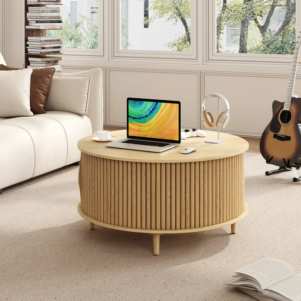 2026 NewJOINICE Round Coffee Table with Storage and Sliding Door,Mid Century Modern Wooden Center Table,for Living Room,Walnut
