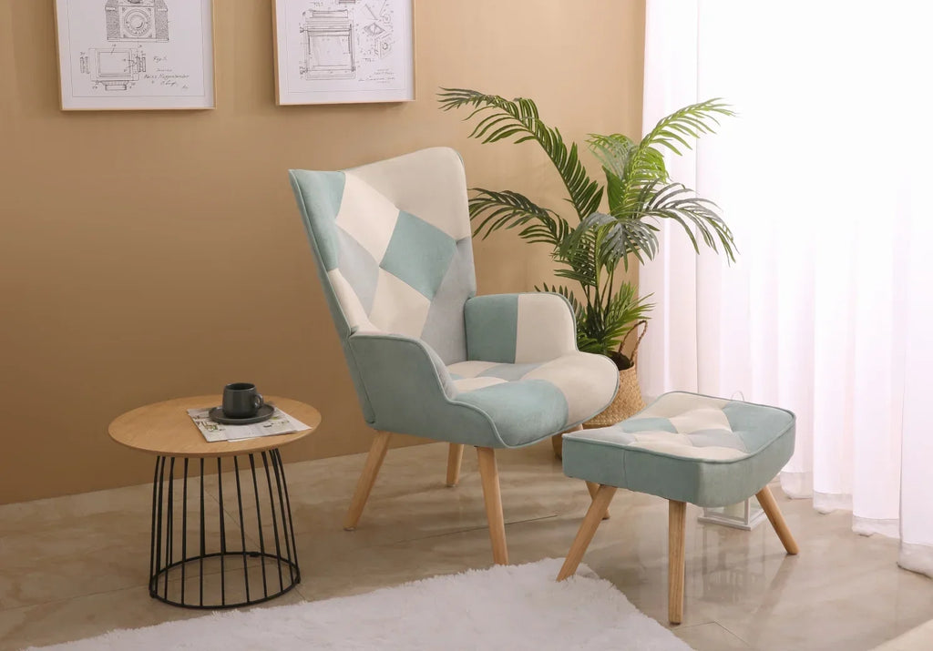 2026 NewModern Accent Chair with Solid Wood Legs and High Wing Backrest, Side Chair Set with Ottoman, Comfy Side Armchair for Living Room, Reading Room, Bedroom, Colorful Patchwork