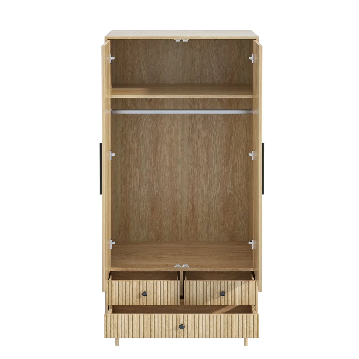 2026 NewOubayajia Wardrobe Armoire Closet, 2 Fluted Doors Wardrobe Cabinet with 3-Drawer and Hanging Rod, Wood Wardrobe Storage for Bedroom