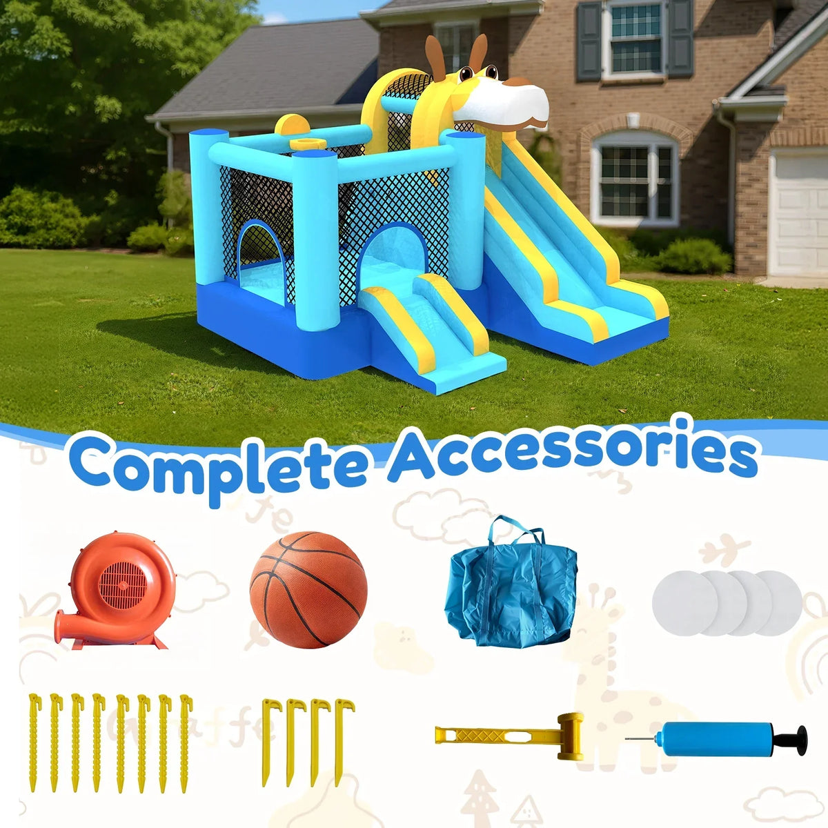 2026 NewMukidy 114''x 114'' x 92.5'' Inflatable Bounce Houses for Kids 3-10 with Blower Double Slide and Ball Pit/Indoor Bouncy House, PVC, Child, Teen, Toddler"Blue