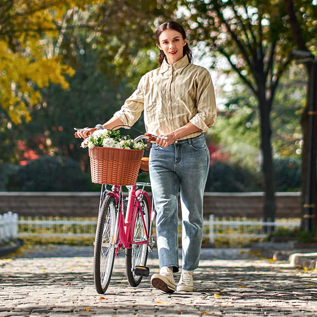 2026 NewViribus Women's Comfort Bike 24 inch Beach & City Cruiser Bicycle with Basket Rack White