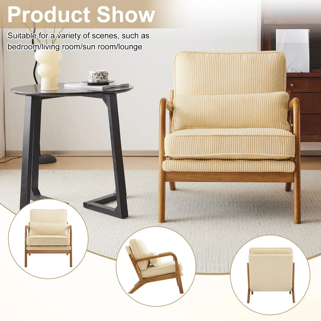2026 NewKtaxon Accent Chair Corduroy Upholstered Armchair, Reading Club Chair with Pillow and Solid Wood Frame for Living Room Bedroom Furniture Off White