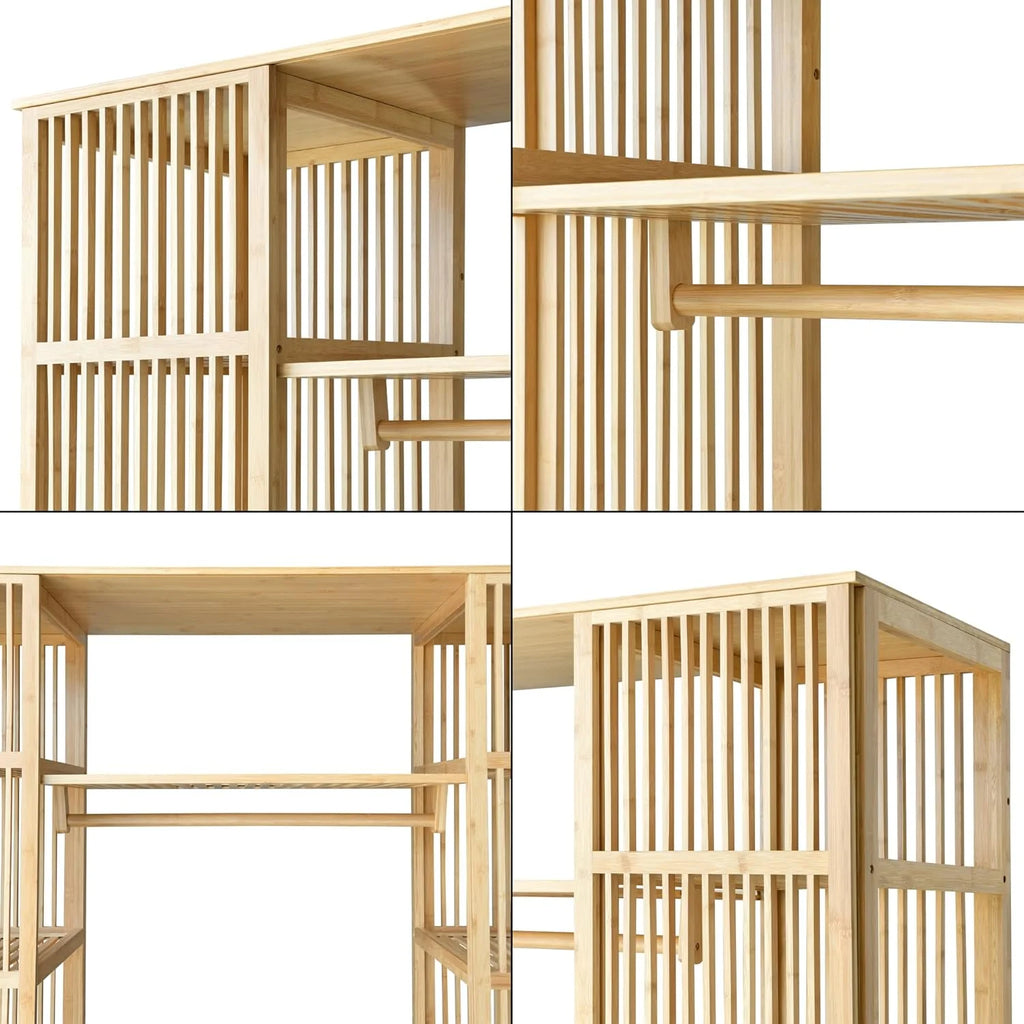 2026 [en.casa] Armario para Ropa con 2 Puertas Deslizantes Clóset con 12 Estantes y 1 Barra de Colgar Perchero de Bambú 185 x 140 x 45 cm Natural