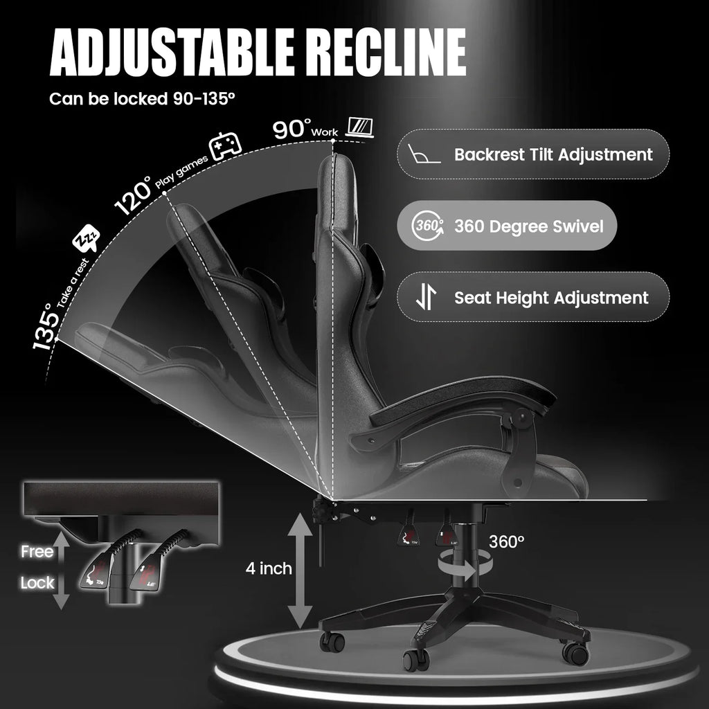 2026 NewBigzzia Gaming Chair Office Chair, Ergonomic Game Chair with Height Adjustable Headrest and Lumbar Support for Adults Teens, Black & White