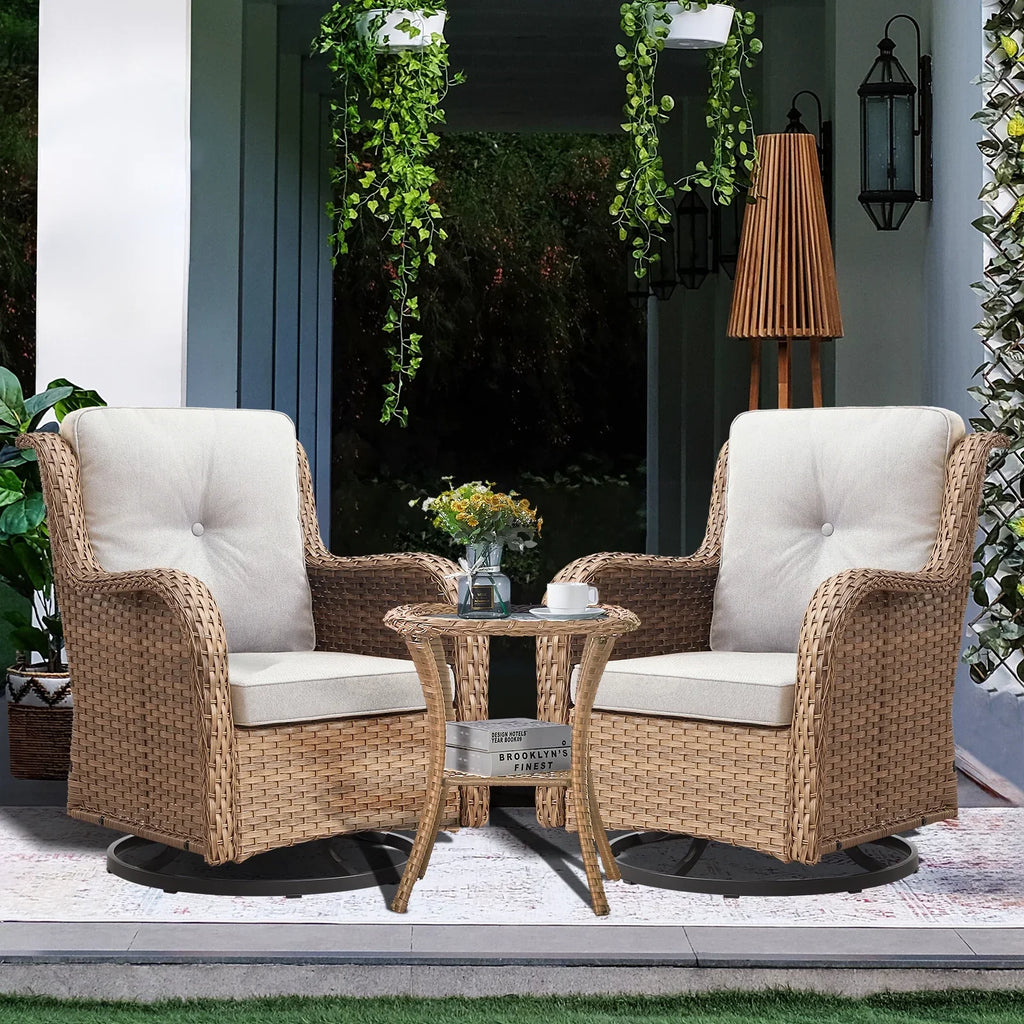 2026 NewPOCASSY 3 Piece Patio Set Outdoor Wicker Glider Rocking and Swivel Chairs with Cushions
