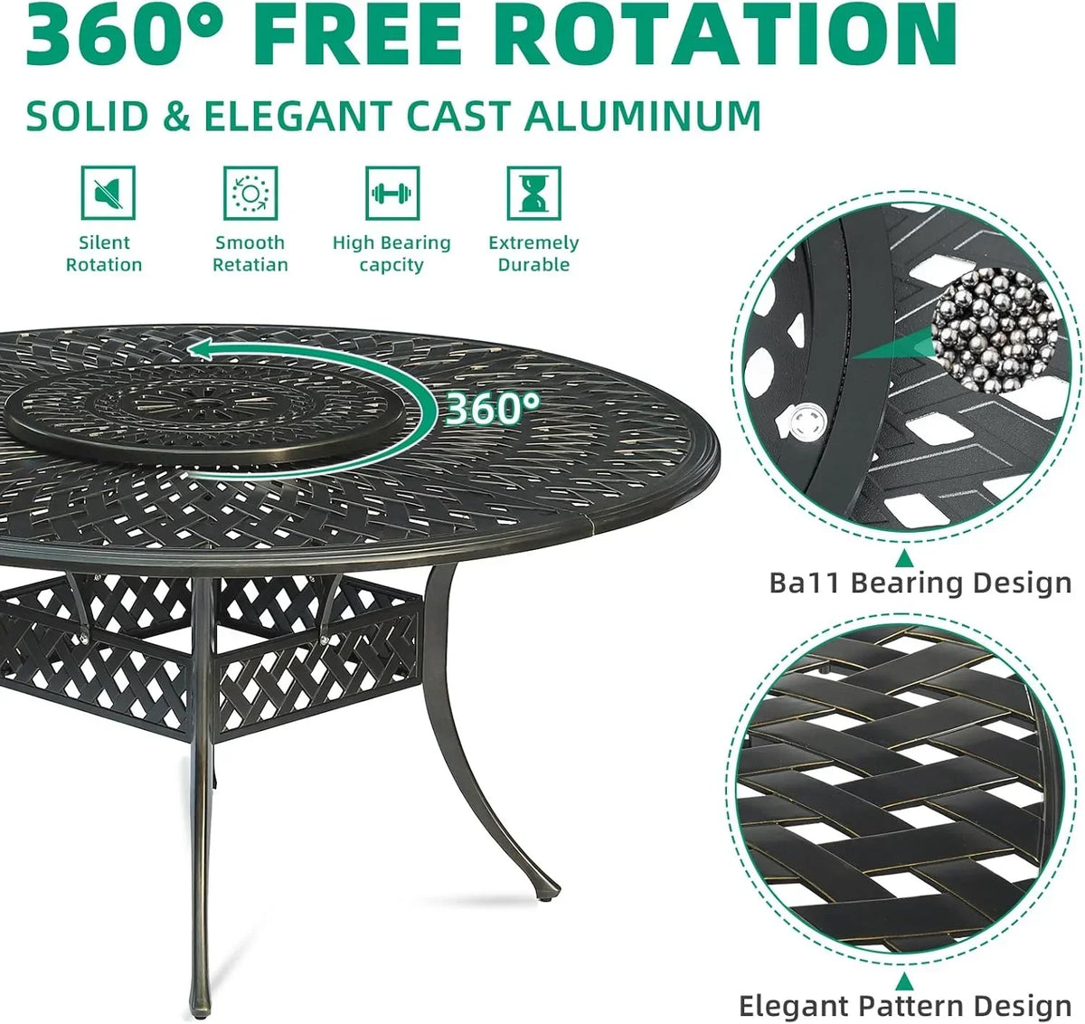 2026 NewVIVIJASON Outdoor 61" Patio Dining Table for 6-8 Person, Large Patio Round Dining Table with 24" Lazy Susan, Dark Bronze Cast Aluminum Rustic Patio Table W/Umbrella Hole for Balcony, Porch and Deck