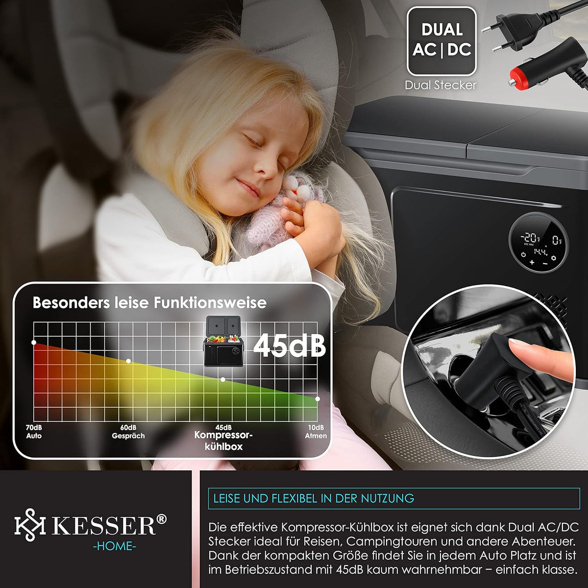 2026 Nevera portátil con compresor KESSER 2 en 1, doble zona de refrigeración y congelación, con 2 acumuladores de frío y control táctil LED | Refrigerador con capacidad de enfriamiento hasta -20 °C para camping, coche y camión, 12/24 V 230 V