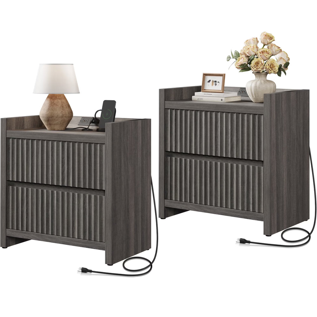 2026 NewSICOTAS 25.4" Wide Nightstand Set of 2 with Charging Station, Modern Night Stand with 2 Fluted Dresser & Handle-Less Storage Farmhouse Bed Side Table for Bedroom, Natural Oak