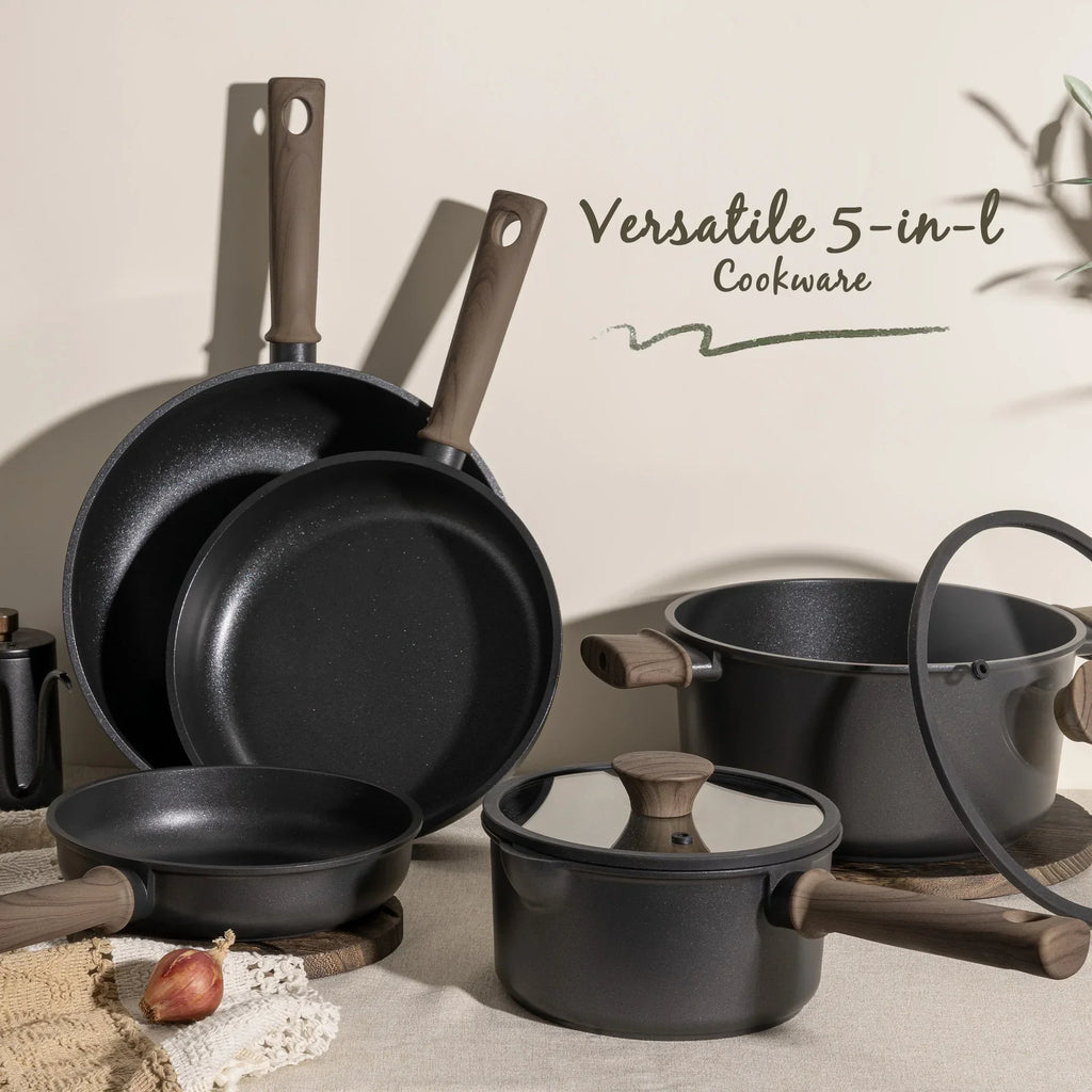 2026 NewAstercook 18-Piece Pots and Pans Set, Nonstick Cookware Set with Elegant Wooden Handle, Oven Safe to 480" F, Induction Compatible, Kitchen Cooking Set for RV Trips, Camping and Picnic, Black