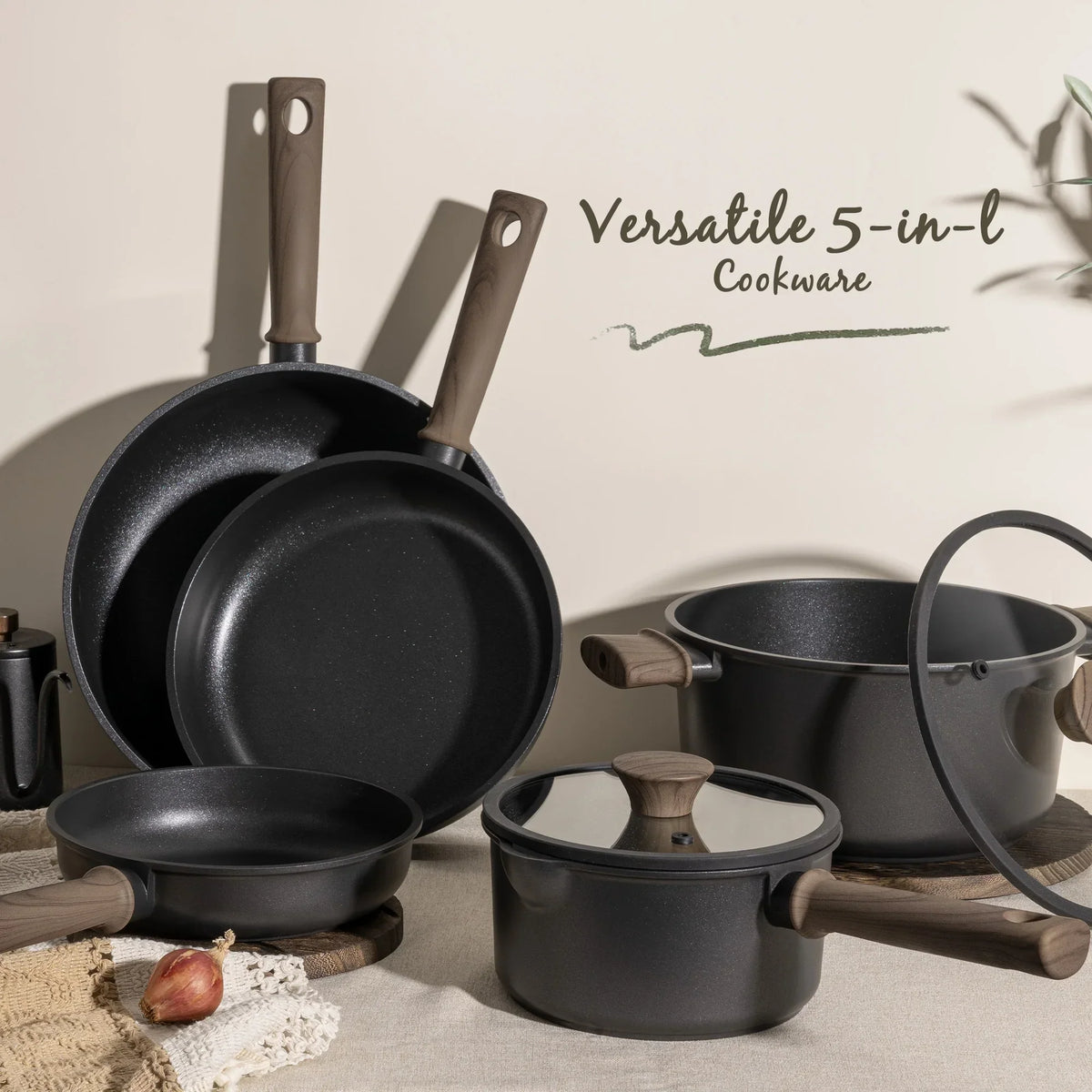 2026 NewAstercook 18-Piece Pots and Pans Set, Nonstick Cookware Set with Elegant Wooden Handle, Oven Safe to 480" F, Induction Compatible, Kitchen Cooking Set for RV Trips, Camping and Picnic, Black