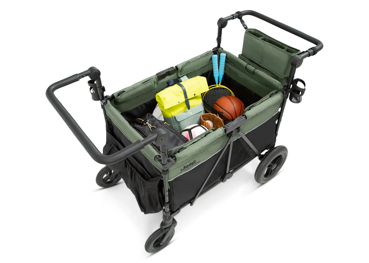 2026 Carrito-Paseador Jeep Wrangler Deluxe para 4 Niños – Capota Desmontable, Bolsa Térmica, Asientos Modulares, Almacenamiento XXL, Ruedas Antipinchazos, Manillares Ajustables
