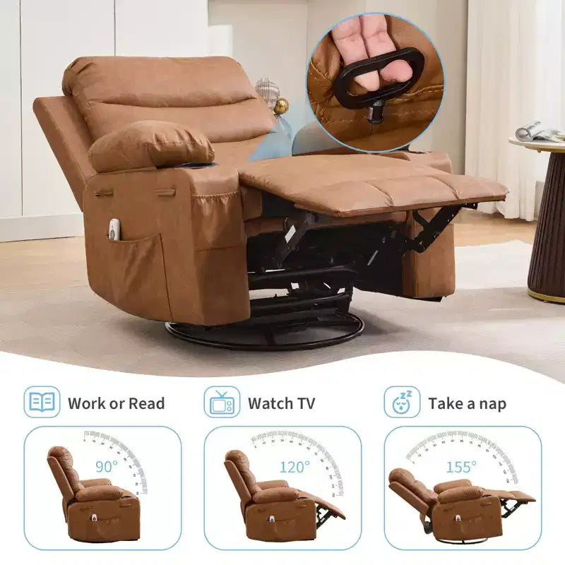 2026 Sillón reclinable mecedora giratorio 360° extragrande con masaje y calor, portavasos y bolsillos