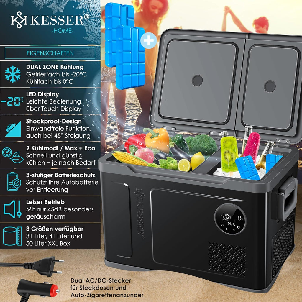 2026 Nevera portátil con compresor KESSER 2 en 1, doble zona de refrigeración y congelación, con 2 acumuladores de frío y control táctil LED | Refrigerador con capacidad de enfriamiento hasta -20 °C para camping, coche y camión, 12/24 V 230 V
