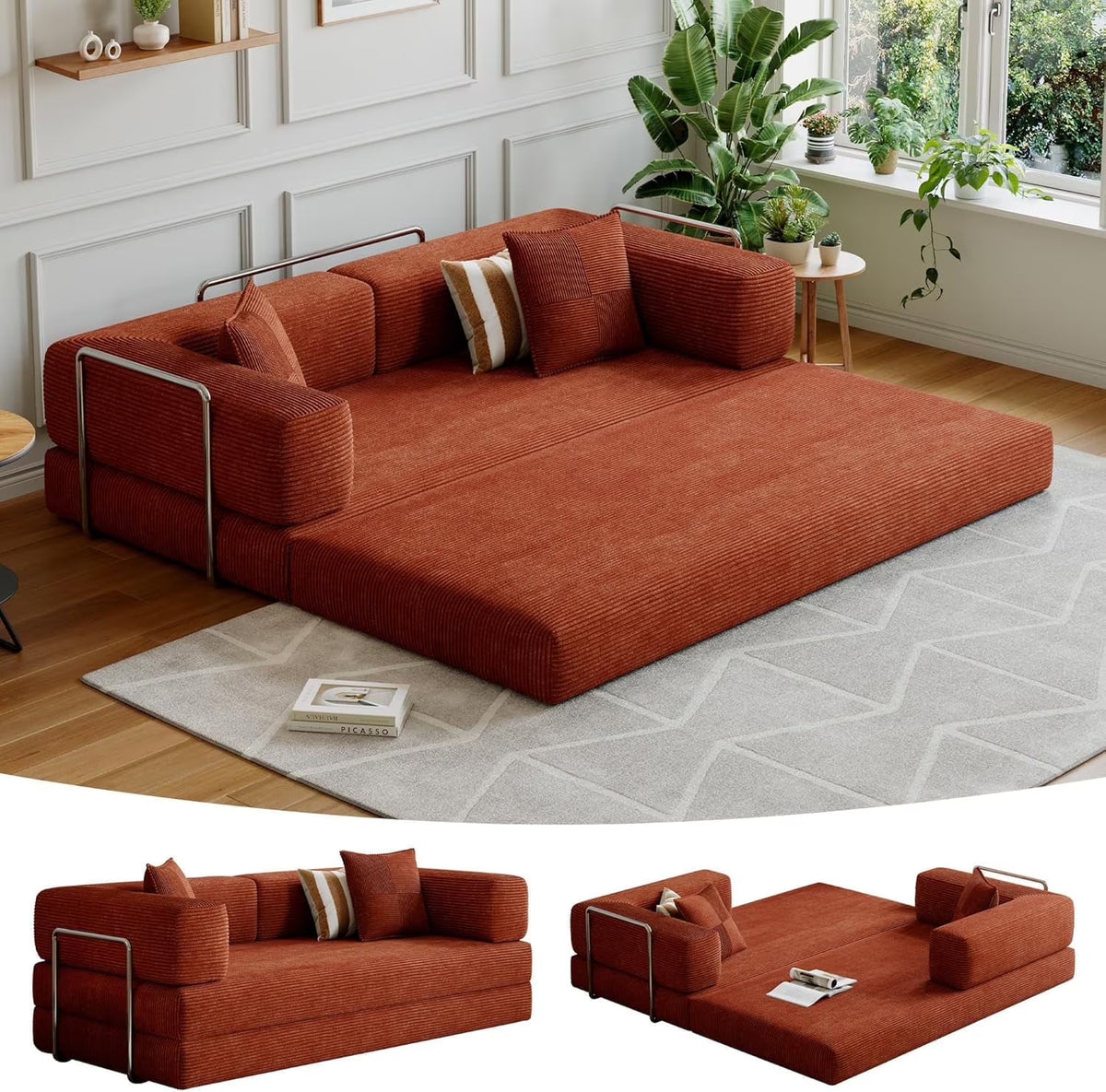 2026 NewConvertible Sleeper Sofa Bed,Compressed Floor Boneless Couch,Modular Modern Corduroy Sofa for Living Room Bedroom -with Fixed-Shape Frame and Support Armrest,Easy Assembly(Green)