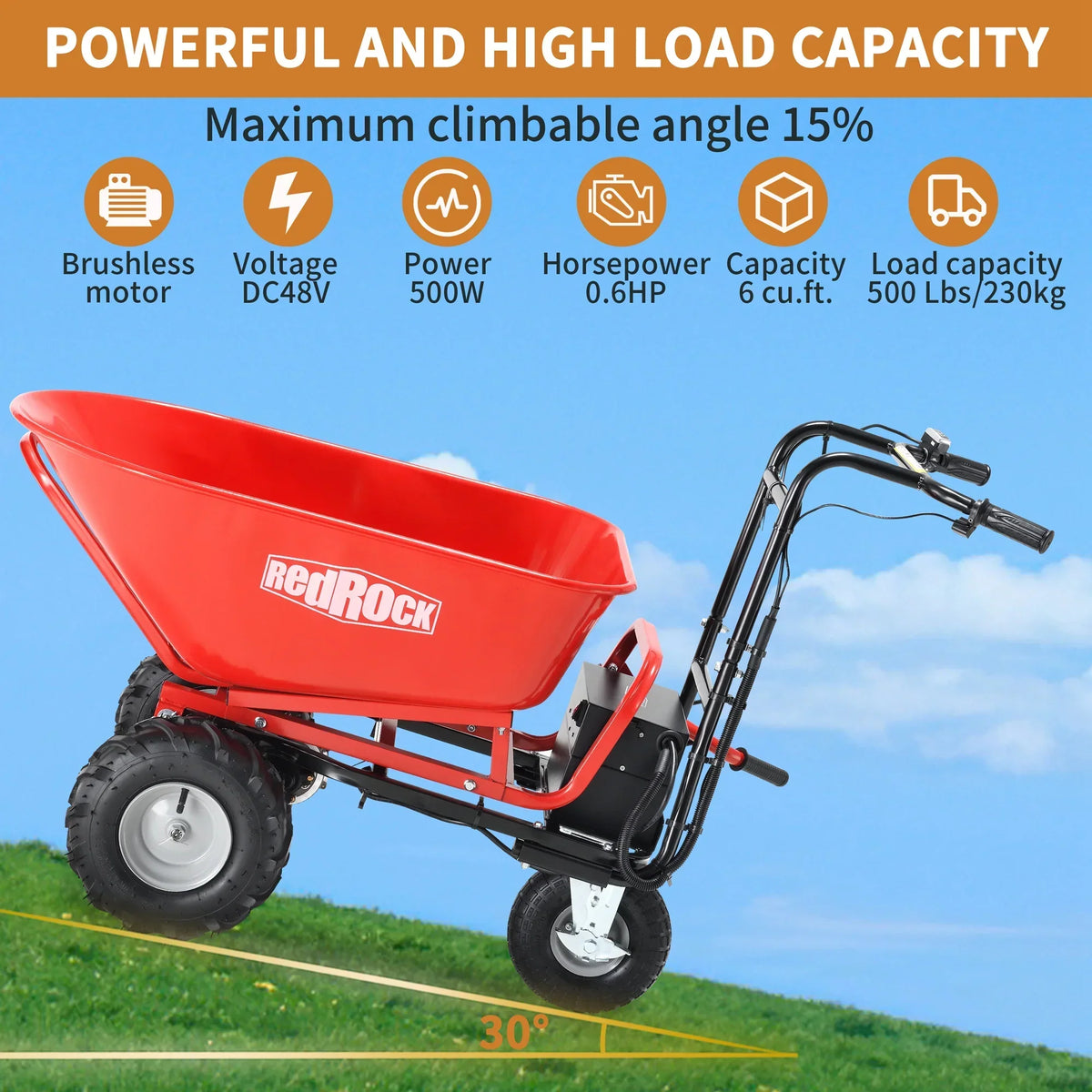 2026 NewRedRock Wheelbarrow Utility Cart Electric Powered Cart 48V28Ah 500W Capacity 500lbs (230kg) Material Debris Hauler 1000lbs Towing