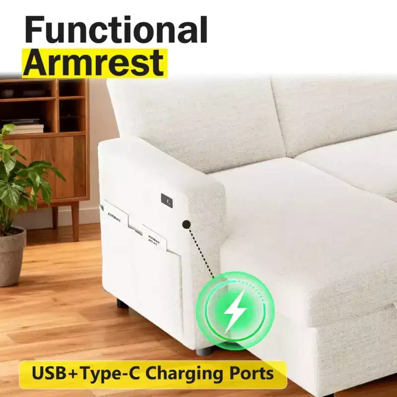 2026 Sofá cama extraíble 2 en 1 con chaise longue de almacenamiento, chenilla y puertos USB