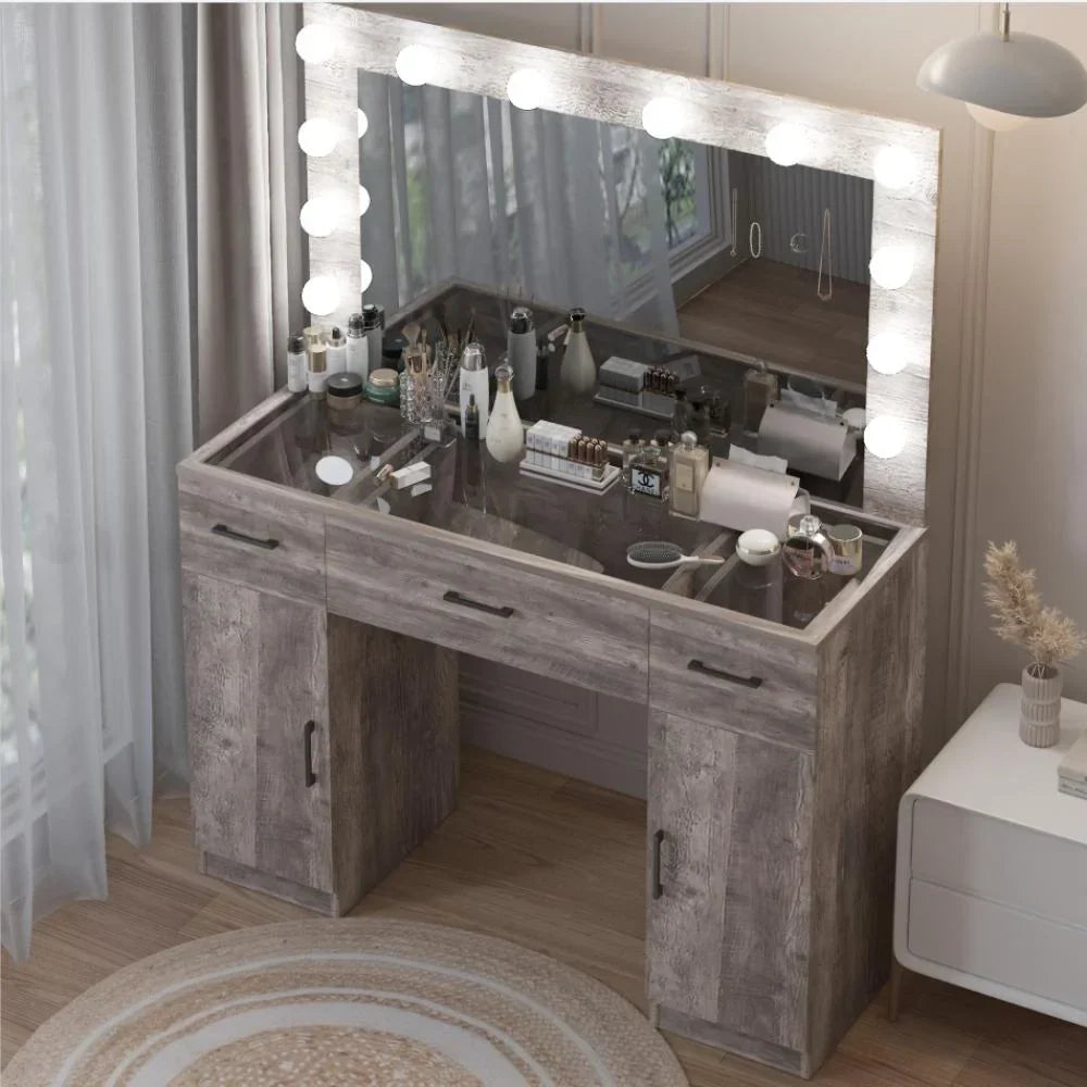 2026 NewKtaxon Large Makeup Vanity, Vanity Table Set w/ Visible Glass Top w/ Charging Station, White
