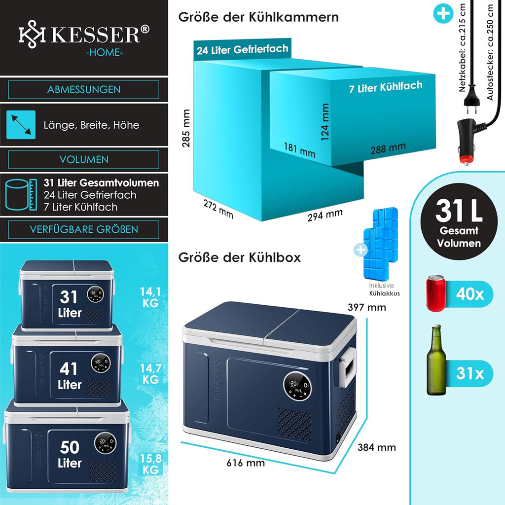 2026 Nevera portátil con compresor KESSER 2 en 1, doble zona de refrigeración y congelación, con 2 acumuladores de frío y control táctil LED | Refrigerador con capacidad de enfriamiento hasta -20 °C para camping, coche y camión, 12/24 V 230 V