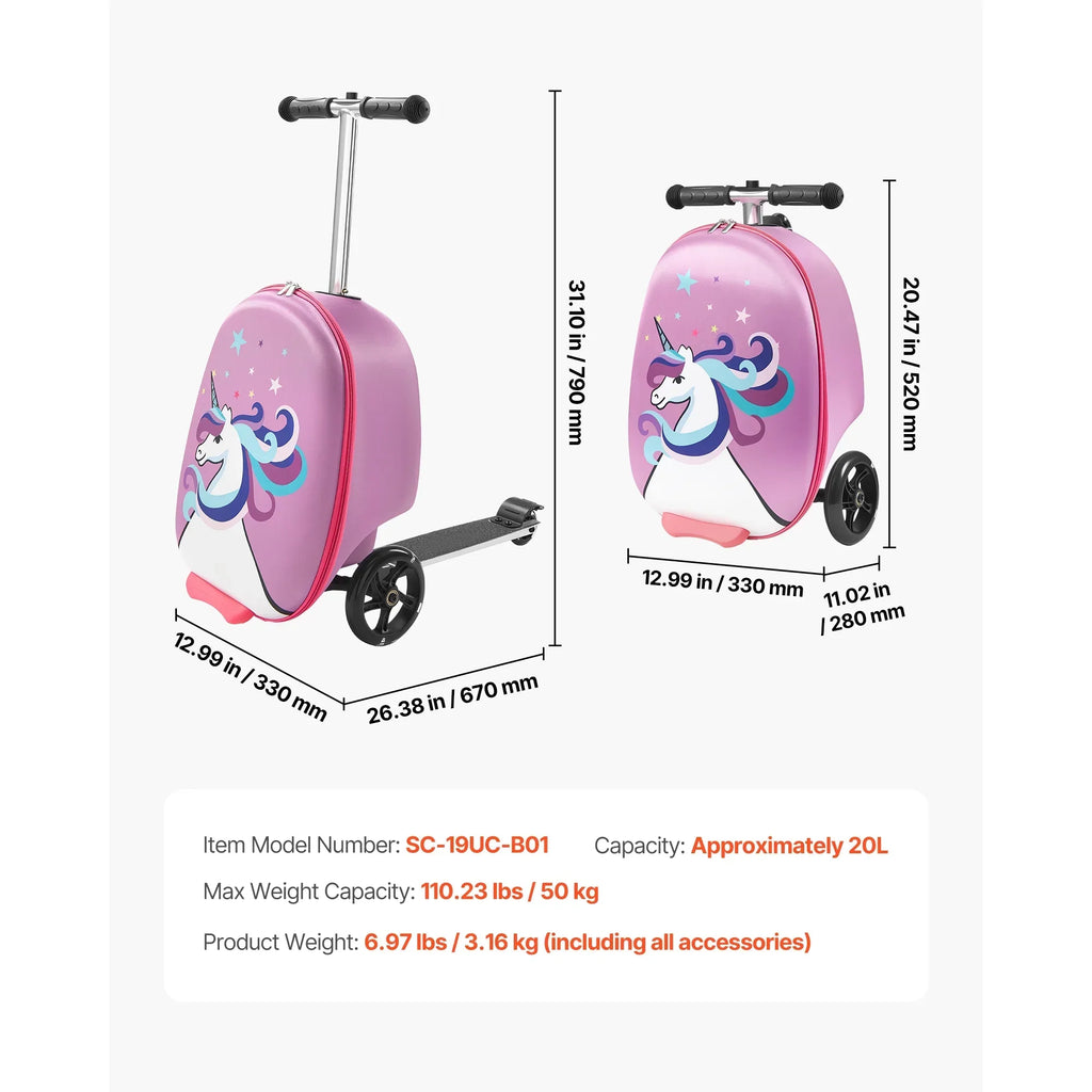 2026 NewKFFKFF Ride-on Kids Luggage, 20L Capacity, 20-Inch Scooter Suitcase with Flashing PU Wheels, Adjustable Handle & Non-Slip Grip, Foldable and Lightweight Travel Companion for Children Aged 5+, Purple