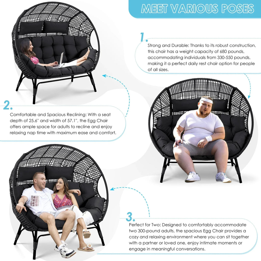2026 NewRADIATA Double Egg Chair for 2 Person, Oversized Wicker Loveseat with Thick Cushions, 680 lbs Capacity, Indoor Outdoor Stationary Patio Lounge Chair for Balcony, Garden, Beige