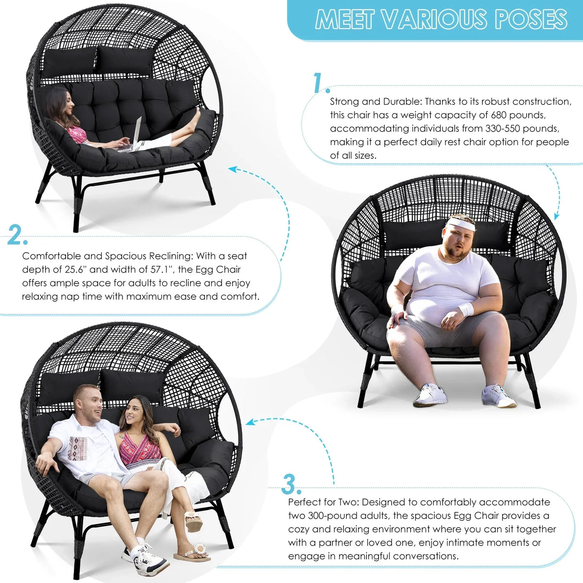 2026 NewRADIATA Double Egg Chair for 2 Person, Oversized Wicker Loveseat with Thick Cushions, 680 lbs Capacity, Indoor Outdoor Stationary Patio Lounge Chair for Balcony, Garden, Beige