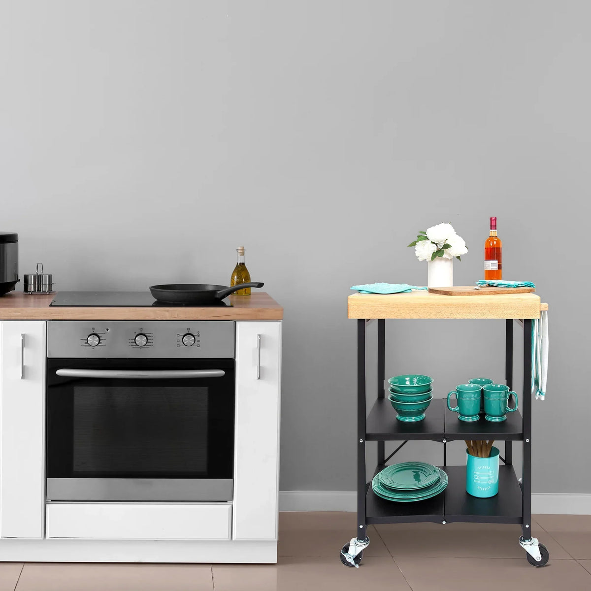 2026 NewOrigami Foldable Wheeled Portable Solid Wood Top Kitchen Island Bar Cart