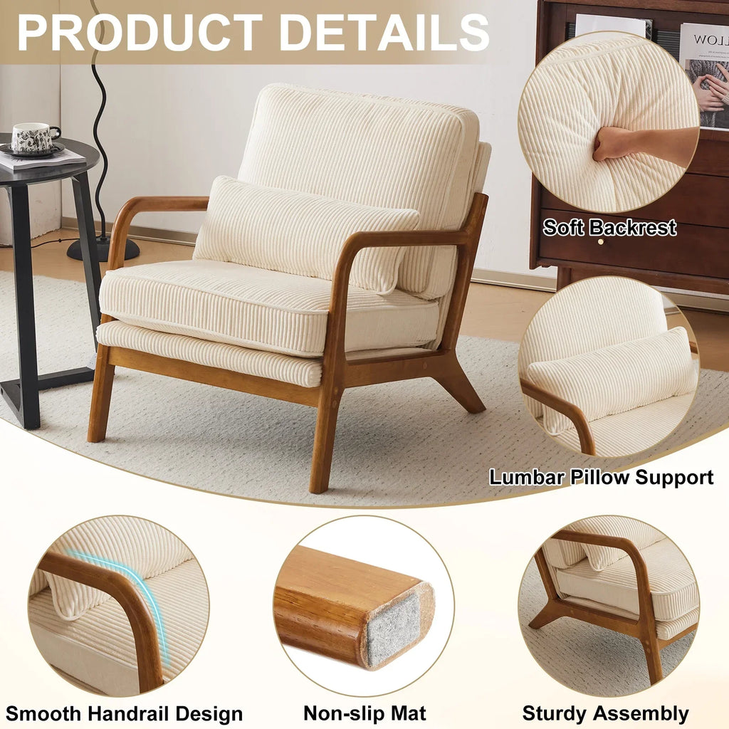 2026 NewKtaxon Accent Chair Corduroy Upholstered Armchair, Reading Club Chair with Pillow and Solid Wood Frame for Living Room Bedroom Furniture Off White