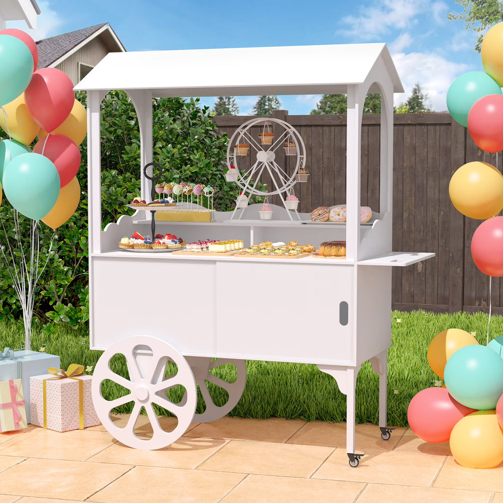 2026 NewCandy Cart with Wheels for Party，Wood Dessert Cart with Storage Cabinet