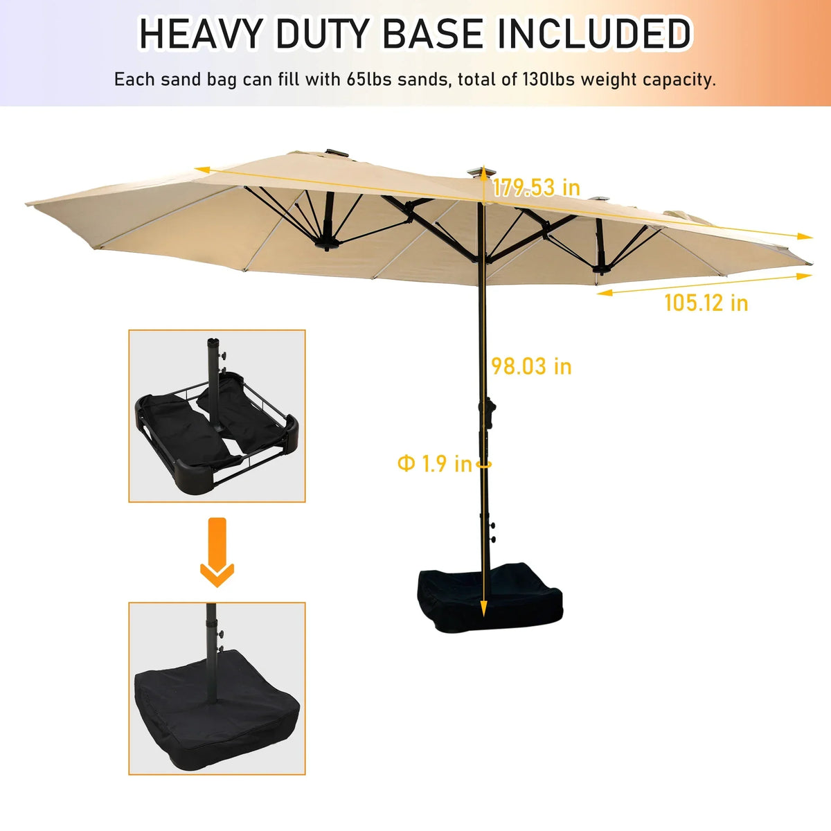 2026 NewMondawe 15ft Patio Umbrella, Large Double-Sided Solar LED Outdoor Umbrella with Fiberglass Ribs and Base for Deck Pool, Navy Blue
