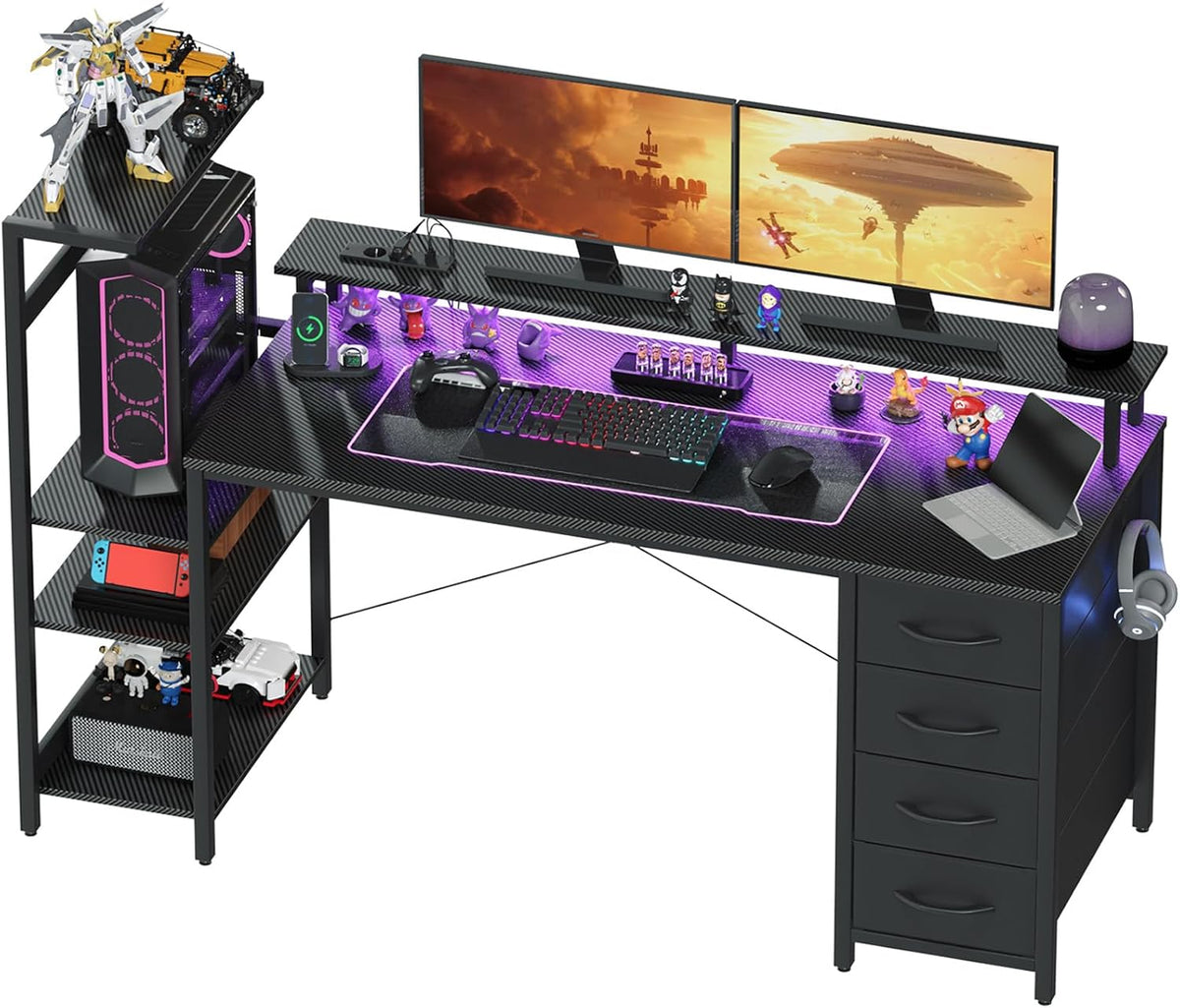 2026 YOUDENOVA Mesa de Juegos con iluminación LED y Enchufe, 130 x 50 cm, Escritorio para Videojuegos, Mesa de Ordenador con cajones, Fibra de Carbono Blanco