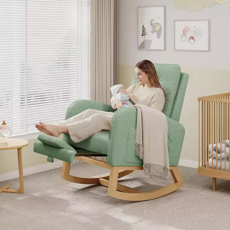 2026 Sillón mecedora deslizante tapizado con bolsillo lateral, estructura de madera, 1 plaza