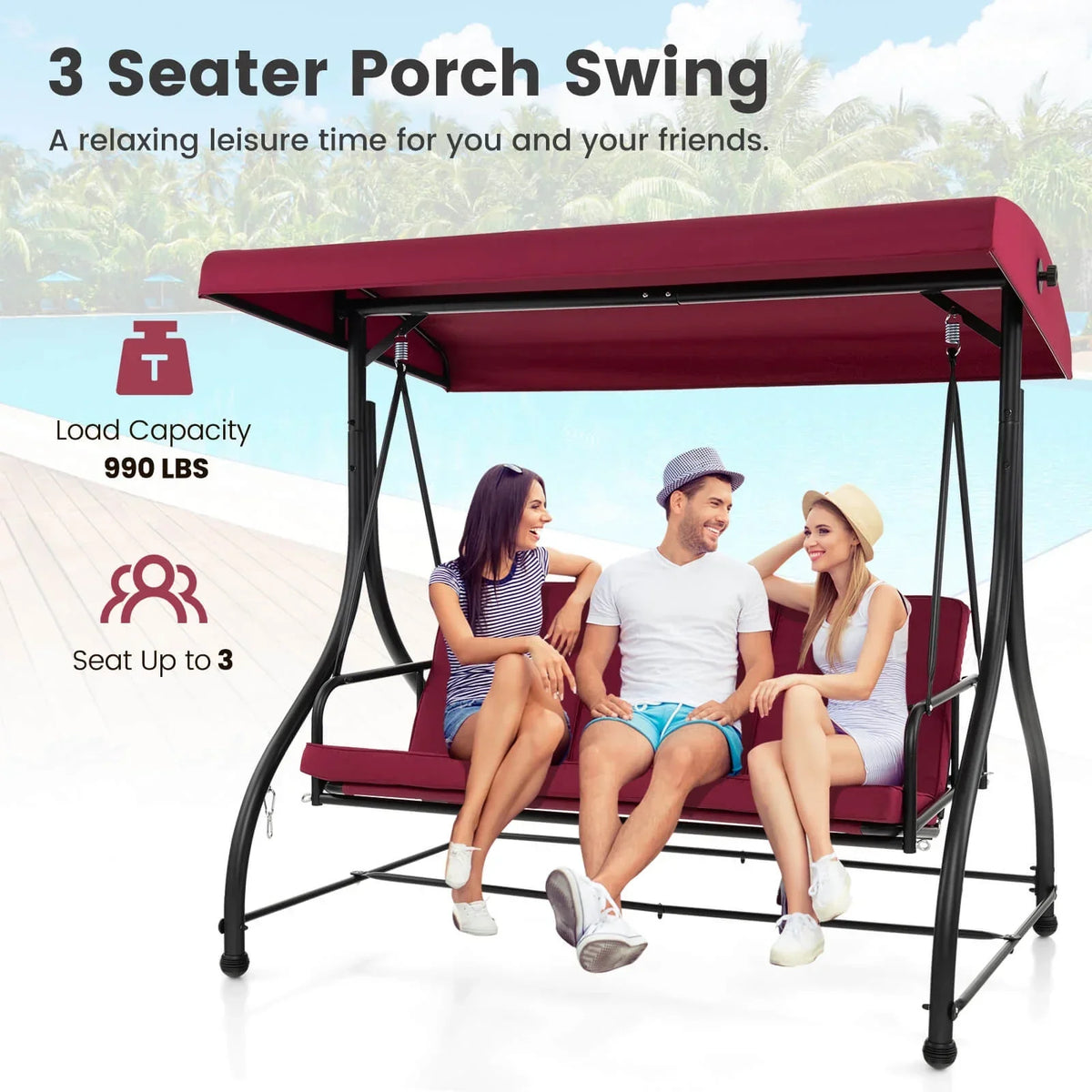 2026 NewCostway 3-Seat Outdoor Converting Patio Swing Glider Adjustable Canopy Porch Swing Black