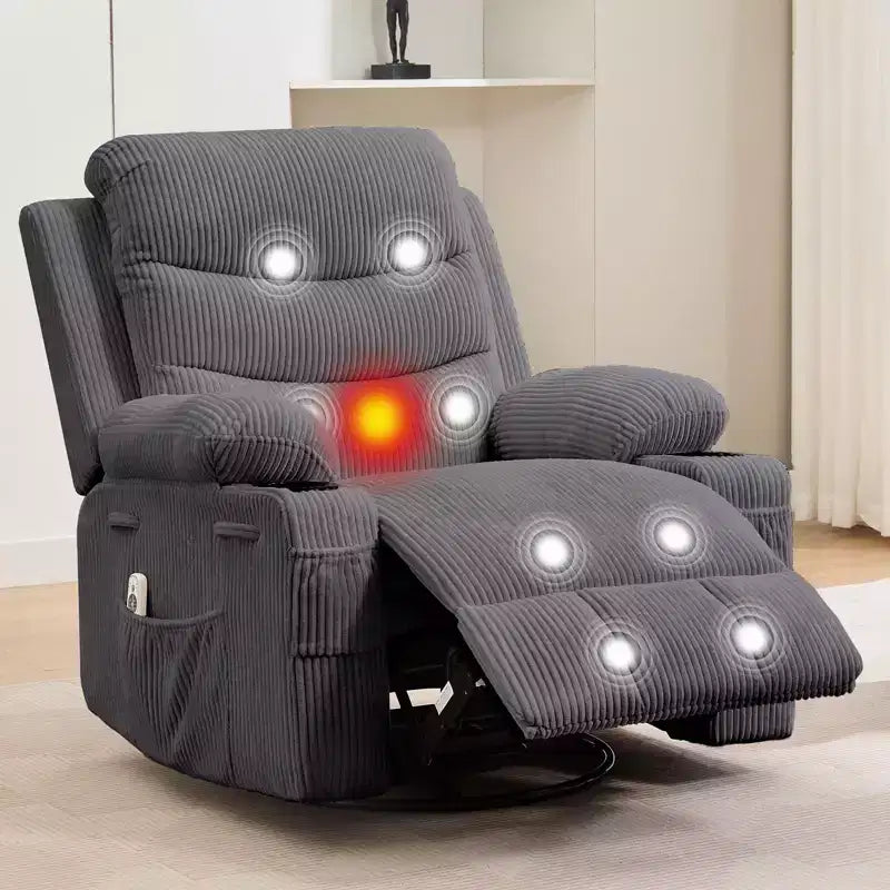 2026 Sillón reclinable mecedora giratorio 360° extragrande con masaje y calor, portavasos y bolsillos