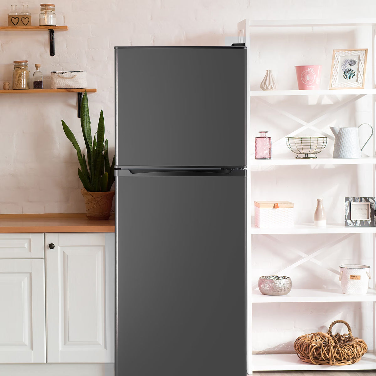2026 New4.5 Cu.ft Compact Refrigerator 2 Door with Freezer,7 Adjustable Thermostat & 4 Removable Glass Shelves,Large Size Refrigerator for Garage/Bedroom/Kitchen/Apartment and Office,Grey