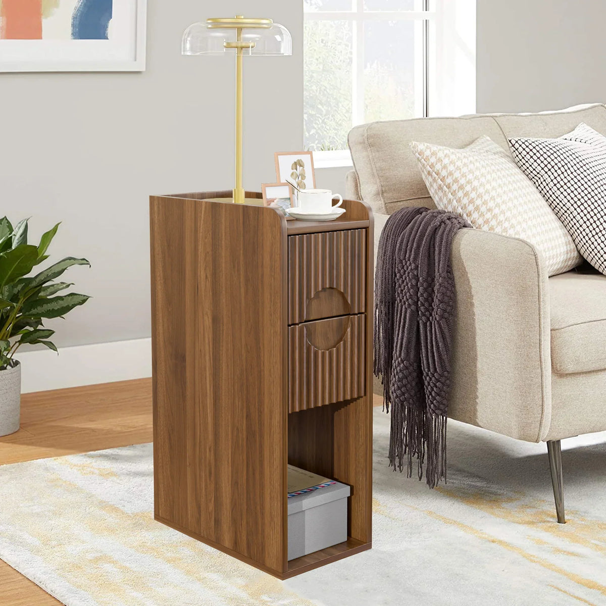 2026 NewNarrow Nightstand Set of 2 with Drawers, Fluted Slim Side End Table with Storage for Small Spaces