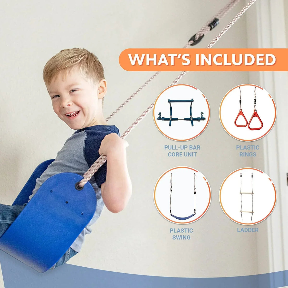 2026 NewGym1 - Deluxe Indoor Doorway Gym for Kids Playground Set - All in One Gym Set - Four Ways of Fun: Blue Indoor Swing, Plastic Rings, Climbing Ladder, and Pull Up Bar