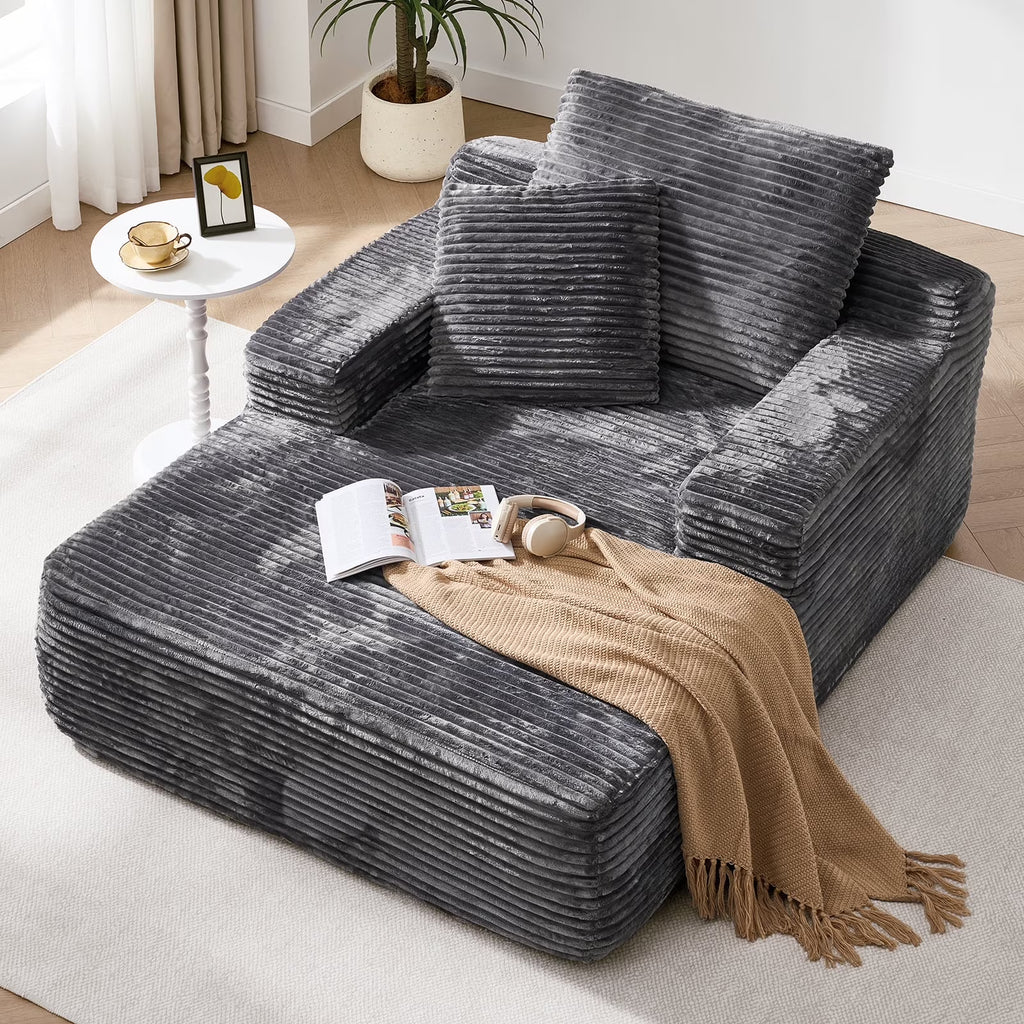 2026 New65" Corduroy Cloud Sleeper Chaise Lounge Chair, No Assembly Sofa Bed with Pillows, Beige