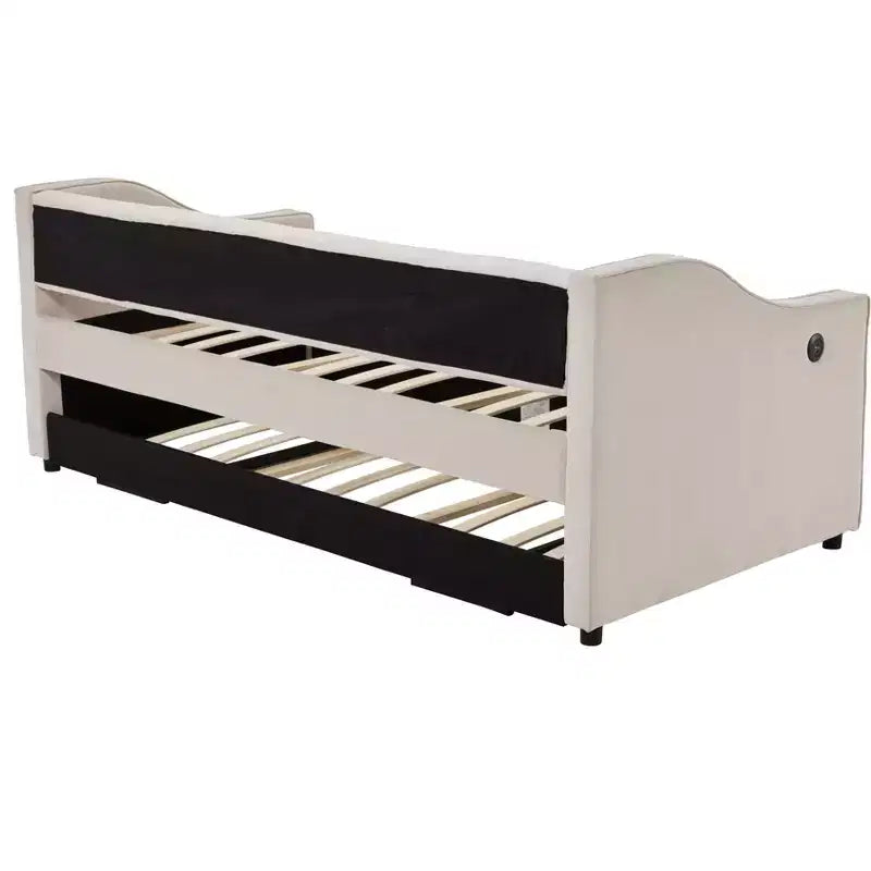 2026 Cama sofá Twin con cama nido, tapizada en terciopelo, puerto USB y bolsillos laterales - ModernLuxe