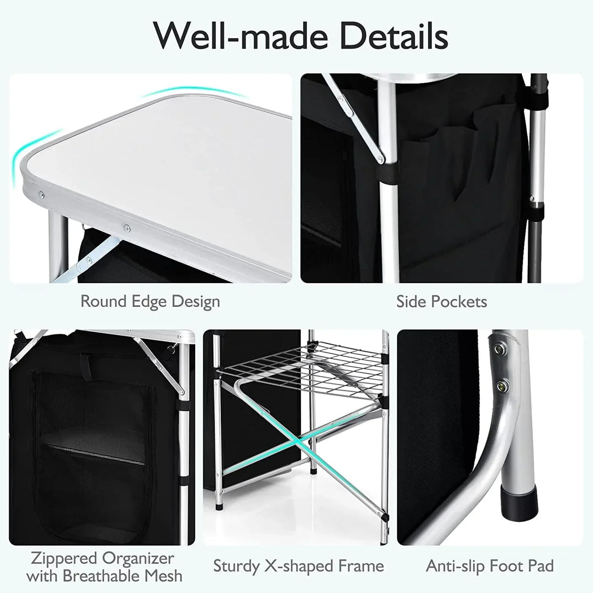 2026 NewCamping Kitchen Table with Storage, Aluminum Portable Outdoor Cooking Table with Windscreen, Foldable Camp Table Cook Station for BBQ, Grill, Party, Picnics