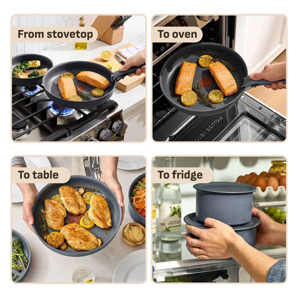 2026 NewT-fal Ingenio Essentials Nonstick, 11 Piece Cookware Set, Detachable Handle, Oven, Broiler, Dishwasher Safe, RV, Grey Granite