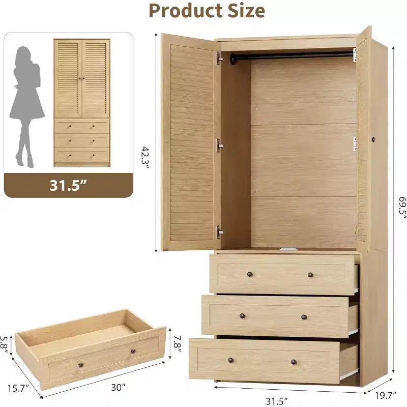 2026 Armario con puertas tipo persiana, 3 cajones, acabado teca, PB + MDF + laminado