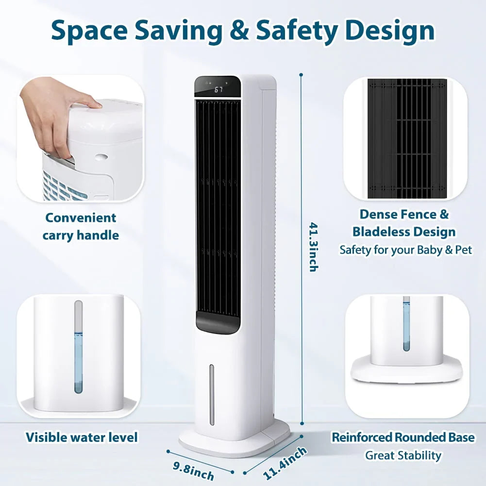 2026 New3-in-1 Evaporative Air Cooler LifePlus Portable Tower Cooling Fan Oscillating Swamp Cooler 41.5" White