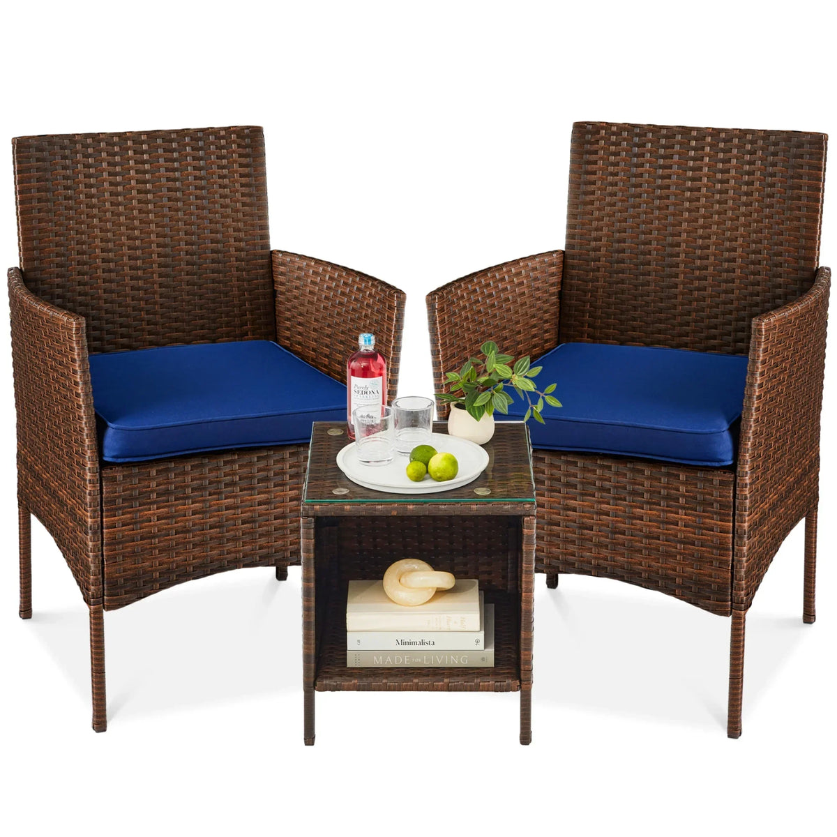 2026 NewBest Choice Products 3-Piece Outdoor Wicker Conversation Patio Bistro Set, w/ 2 Chairs, Table - Gray/Navy