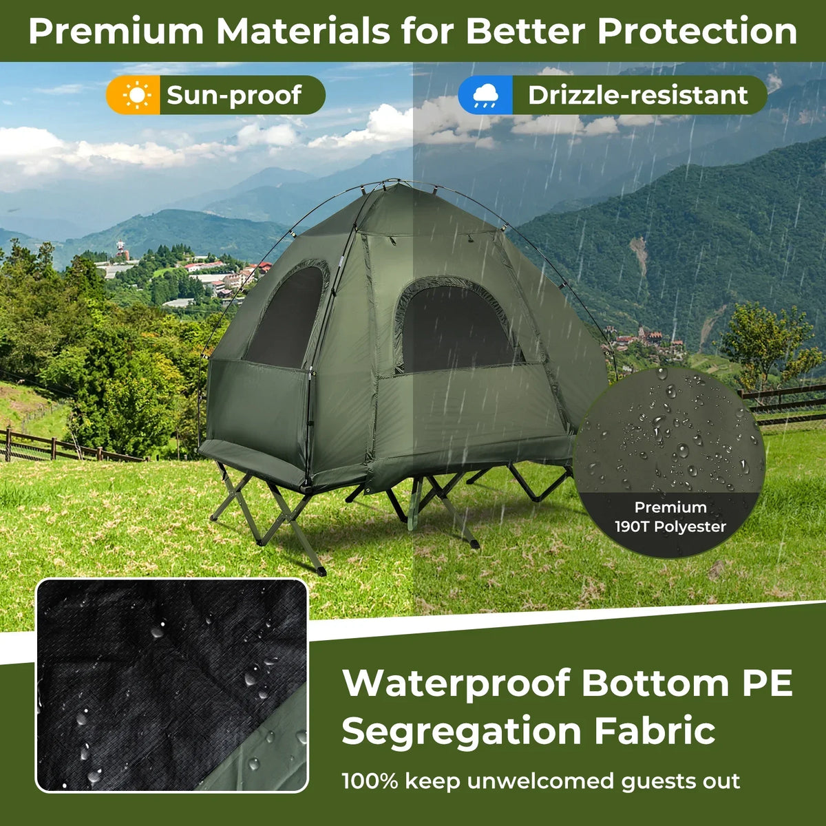 2026 NewPatiojoy Folding 2-Person Camping Tent Cot Portable Pop-Up Tent with Sleeping Bag&Air Mattress for Outdoor Activity