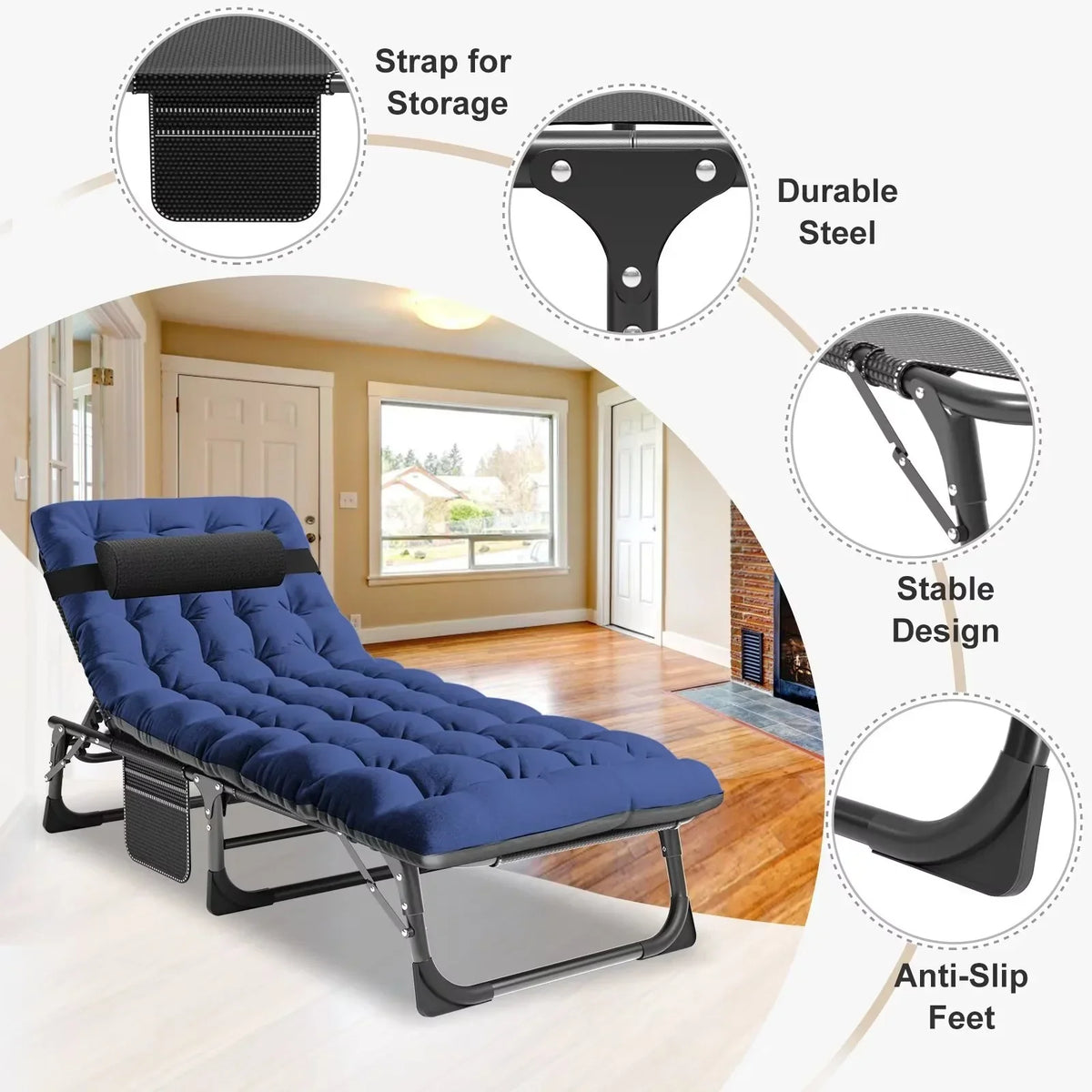 2026 NewMOPHOTO Lounge Chair with Mattress, Outdoor Chaise Lounge Support 440 Lbs, Adjustable Portable Heavy Duty Sleeping Cots Bed for Camping, Pool, Beach, Patio